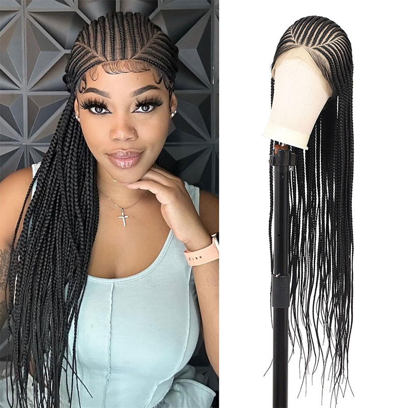 13X7 Lace Front Braided Wigs For Black Women Cornrow Box Braid Wigs With Baby Hair Black Lightweight Synthetic Natural Parting Lace Frontal Box Braided Wig