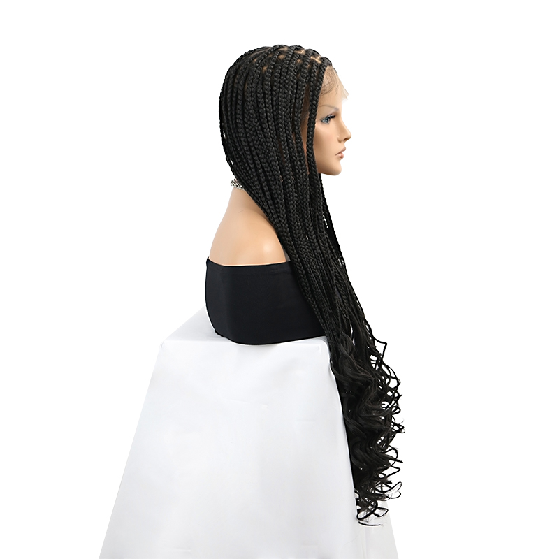 36 Inch Full Lace Braided Wigs For Black Women, 360° HD Single-Layer Square Knotless Box Braid Wig With Big Curly Ends Handmade Synthetic Hair Blended Full Lace Wig Natural Black