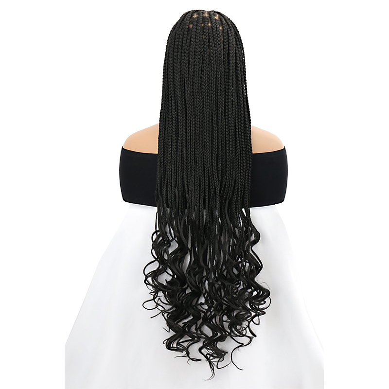 36 Inch Full Lace Braided Wigs For Black Women, 360° HD Single-Layer Square Knotless Box Braid Wig With Big Curly Ends Handmade Synthetic Hair Blended Full Lace Wig Natural Black