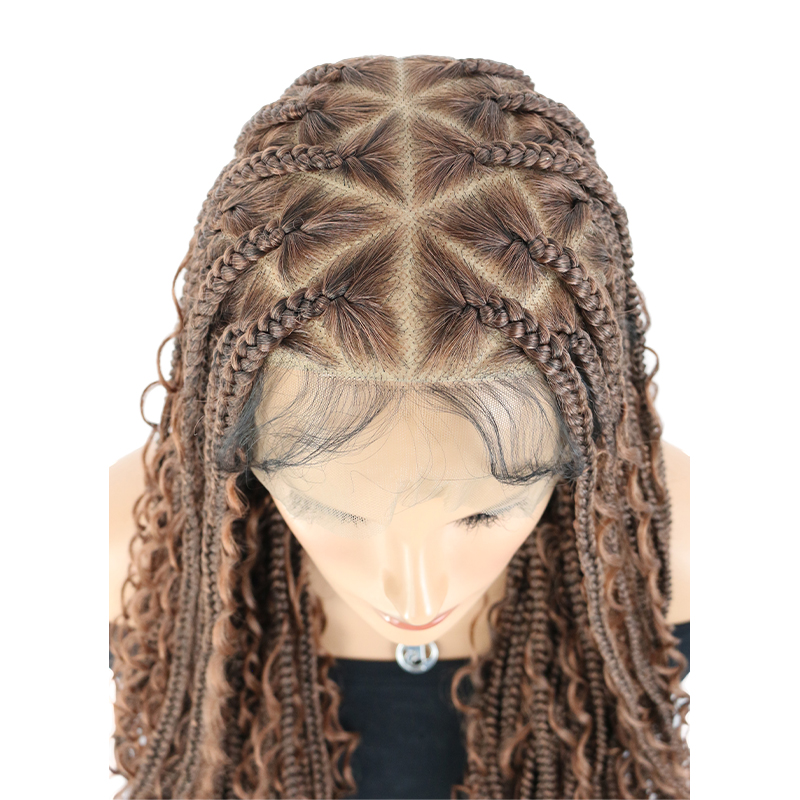 Boho Braided Wigs For Black Women, 36 Inch Triangle Knotless Full Lace Boho Box Braid Wig, Braided Wigs With Bohemian Curly Ended Double Full Lace Goddess Braided Wig