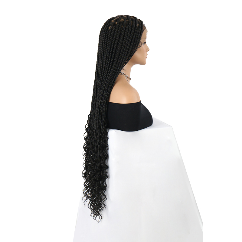 36 Inch Full Lace Braided Wigs For Black Women, 360° HD Single-layer Square Knotless Box Braid Wig with Small Curly Ends Handmade Synthetic Hair Blended Full Lace Wig Natural Black