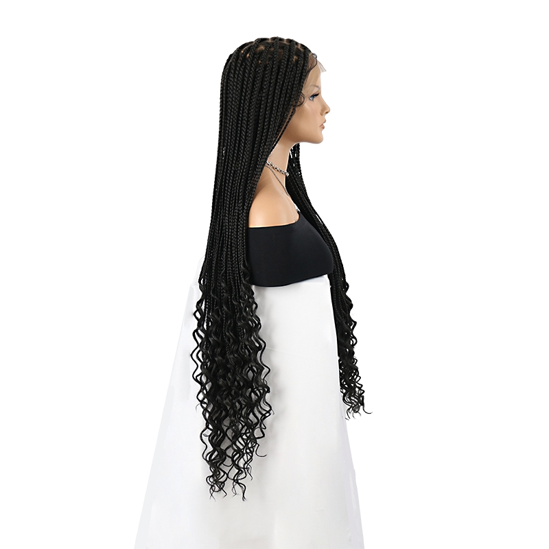 36 Inch Full Lace Braided Wigs For Black Women, 360° HD Single-layer Square Knotless Box Braid Wig with Small Curly Ends Handmade Synthetic Hair Blended Full Lace Wig Natural Black