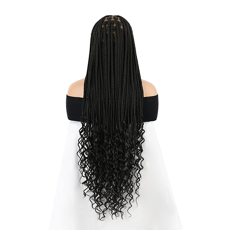 36 Inch Full Lace Braided Wigs For Black Women, 360° HD Single-layer Square Knotless Box Braid Wig with Small Curly Ends Handmade Synthetic Hair Blended Full Lace Wig Natural Black