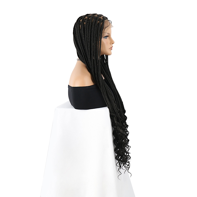 36 Inch Full Lace Braided Wigs For Black Women, 360° HD Single-layer Square Knotless Box Braid Wig with Small Curly Ends Handmade Synthetic Hair Blended Full Lace Wig Natural Black