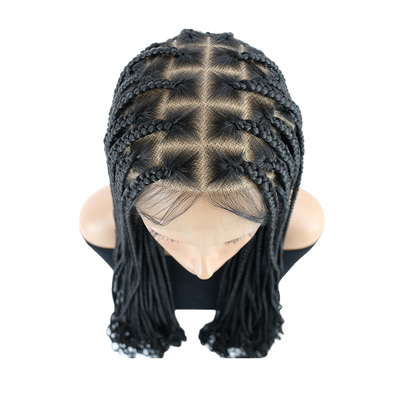 36 Inch Full Lace Braided Wigs For Black Women, 360° HD Single-layer Square Knotless Box Braid Wig with Small Curly Ends Handmade Synthetic Hair Blended Full Lace Wig Natural Black