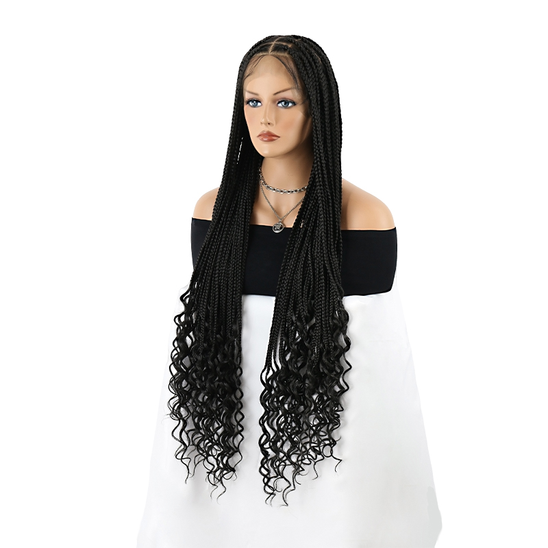 36 Inch Full Lace Braided Wigs For Black Women, 360° HD Single-layer Square Knotless Box Braid Wig with Small Curly Ends Handmade Synthetic Hair Blended Full Lace Wig Natural Black